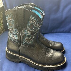 Ariat Fatbaby Black Leather Boots with Blue Embroidery